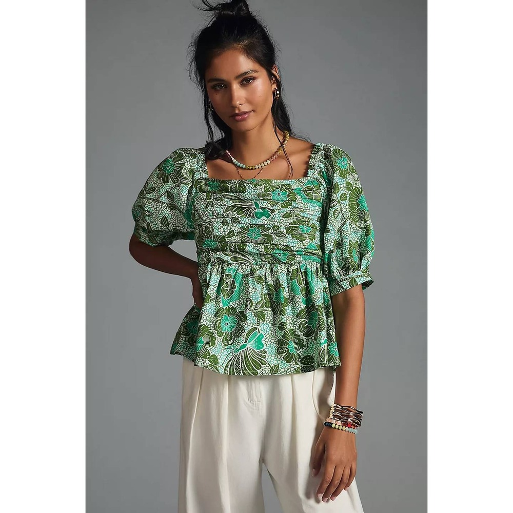 Anthropologie Nikasha Babydoll Poplin Blouse Green Floral M Cottage Resort Boho